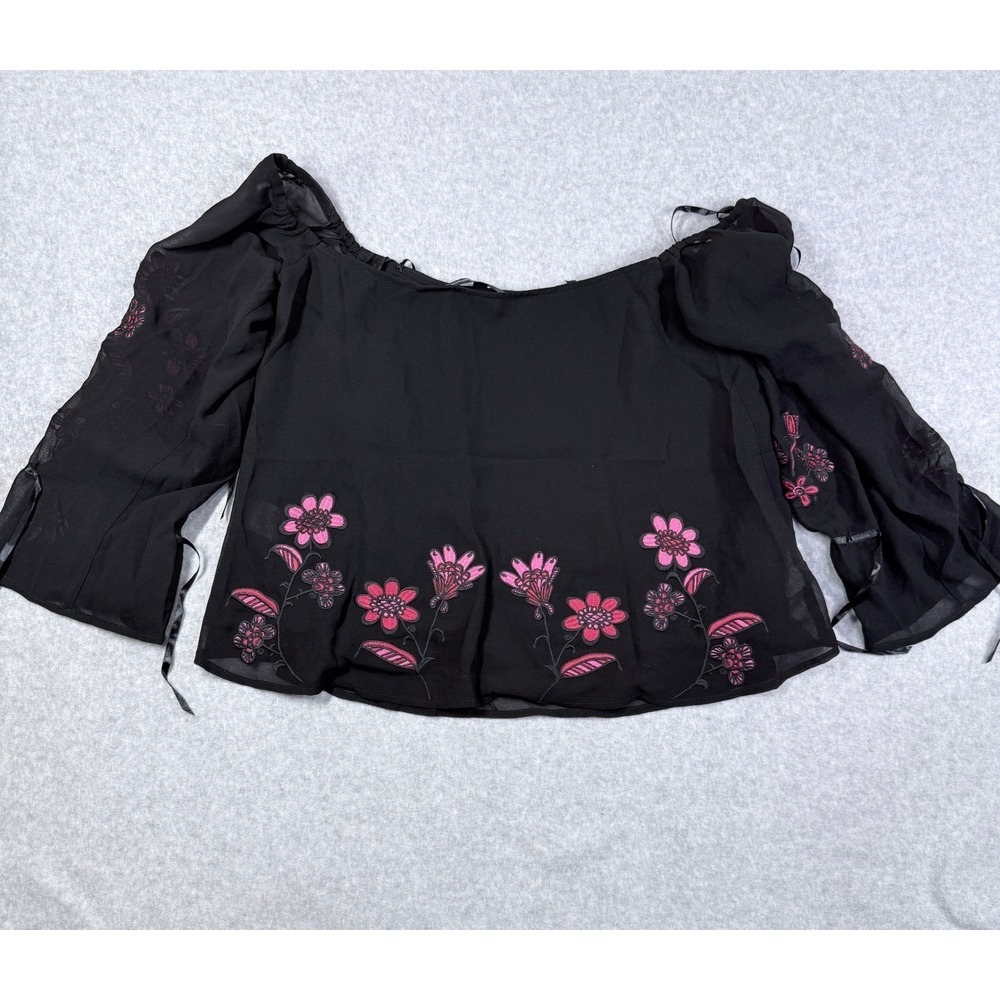 For Love & Lemons Blouse Women L Black Good Floral Embroidered Boho Ribbon Tie - Picture 3 of 14